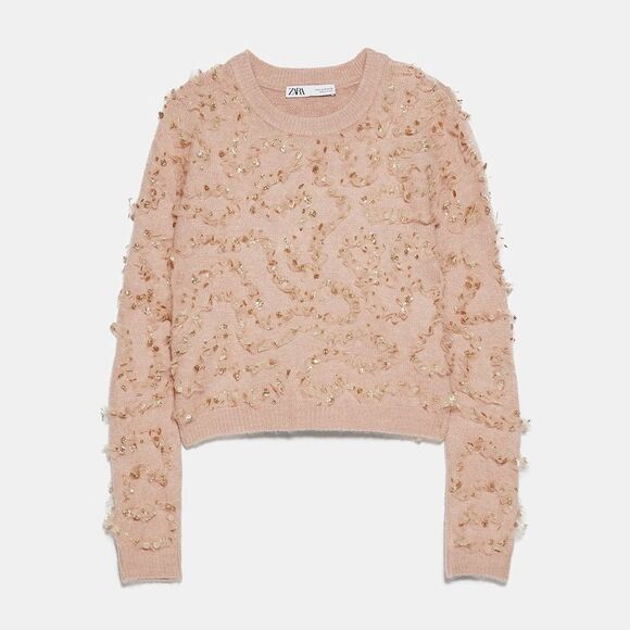 ZARA Pink Ruffled Glitter Sweater - S - Picture 1 of 8